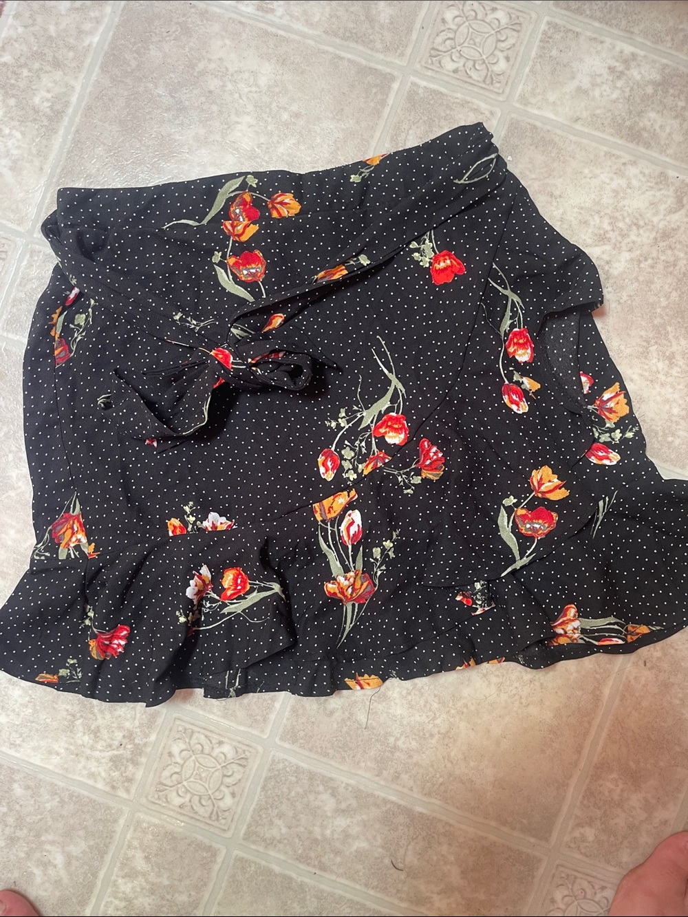 HeartSoul Black Mini Wrap Skirt with Red & Orange Floral Print